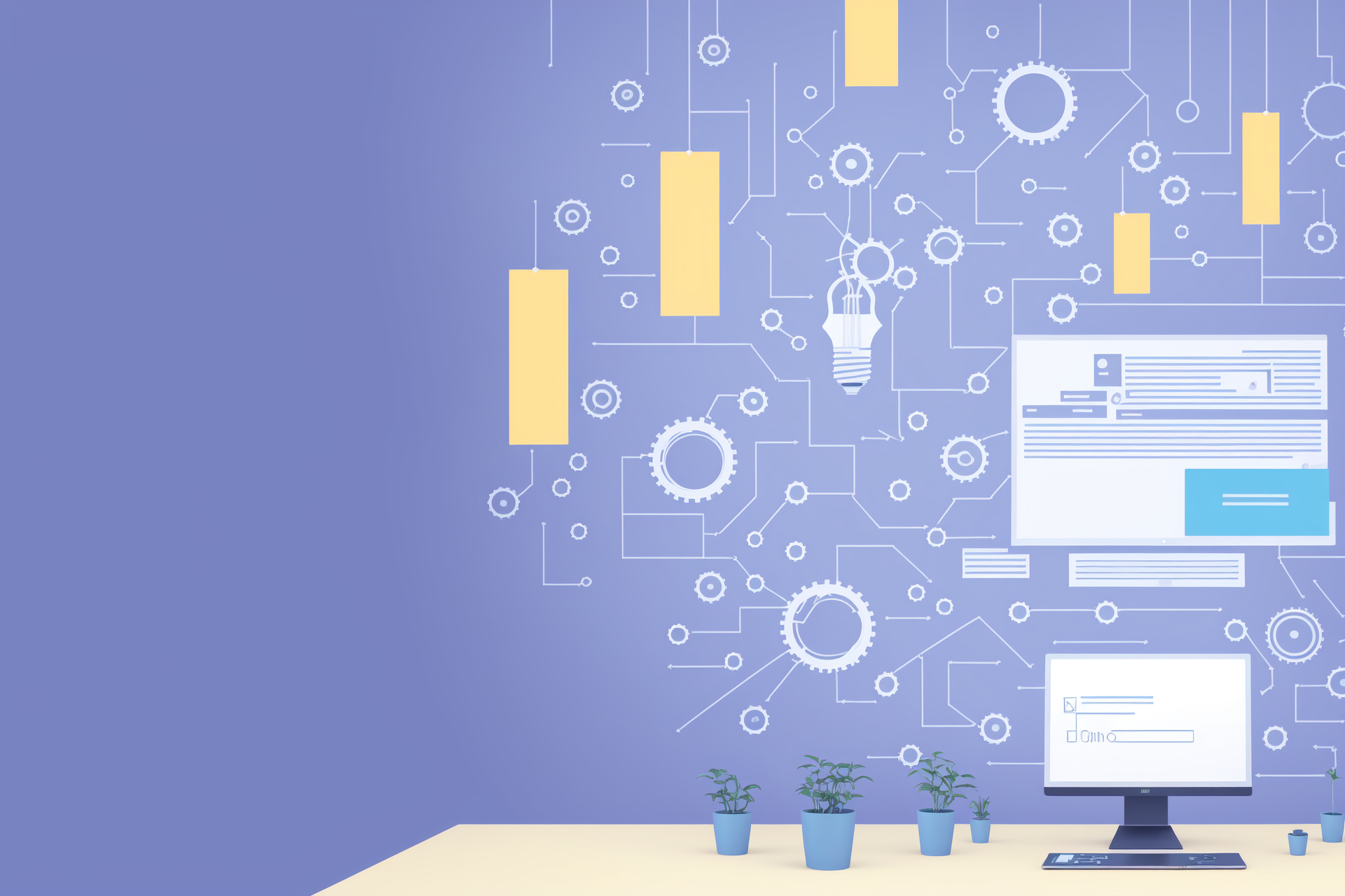 A header for an article that shows gears connected to lightbulbs and computers abstractly. Generated with stable diffusion.