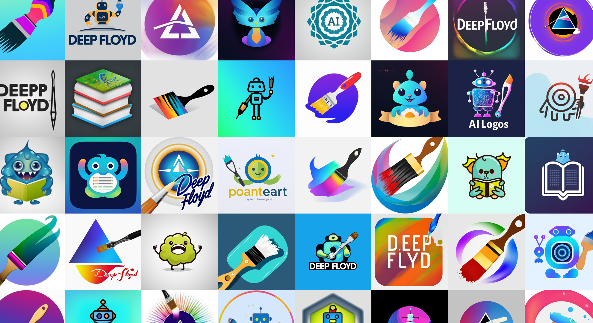 A header for an article depicting a tiled set of creative logos. Generated with DeepFloyd IF and imagemagick montage.